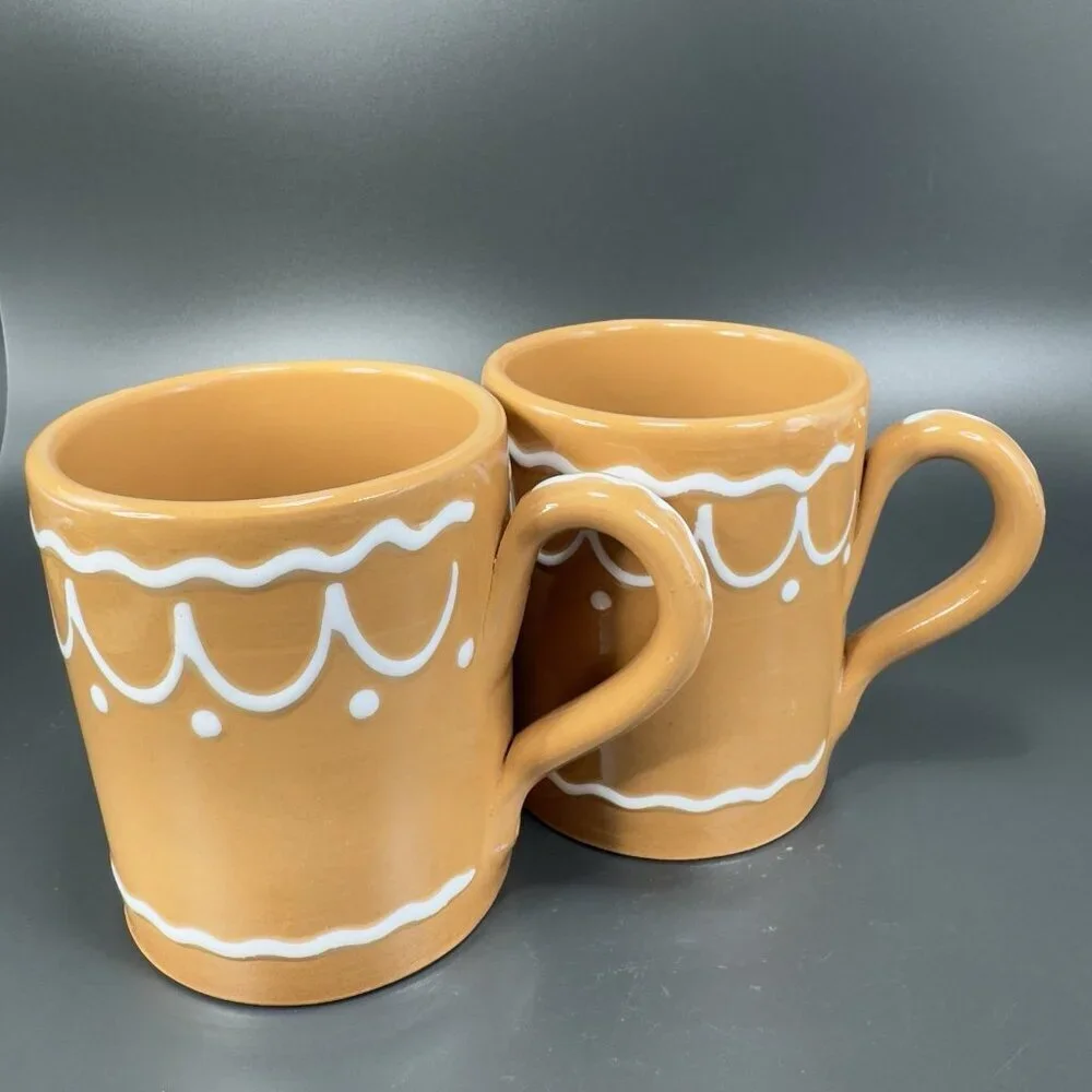 Pier 1 Coffee Mug Cup Brown Gingerbread White Swirl Mug Hand Painted Italy 2Cups